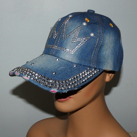 Frayed denim cap with crown tiara of sparkling silver metal faced riveted beads main image 8